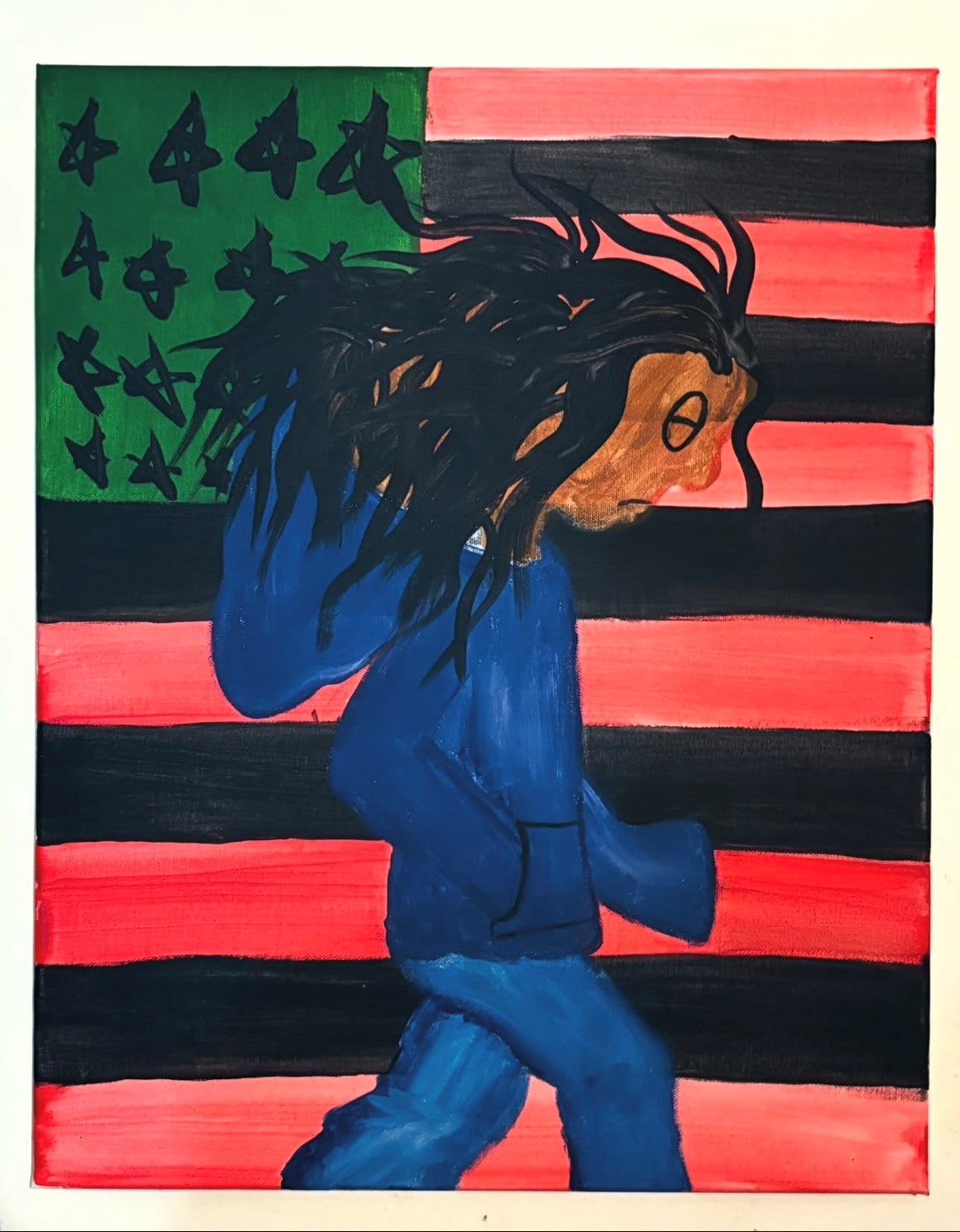 Artistic depiction of a figure with dreadlocks against an American flag background
