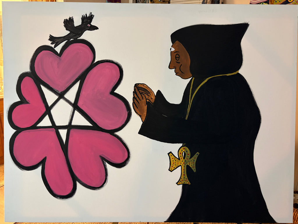 Illustration of a person in a black hooded robe with a cross pendant next to a pink pentagram with hearts.